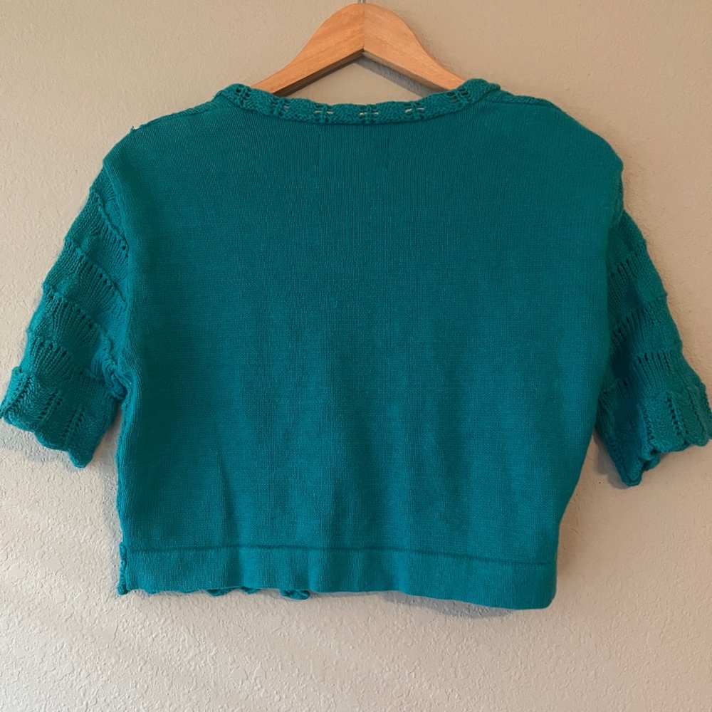 Vintage 90s Molly Malloy Teal Knit Cropped Cardigan Size Small - Picture 5 of 7